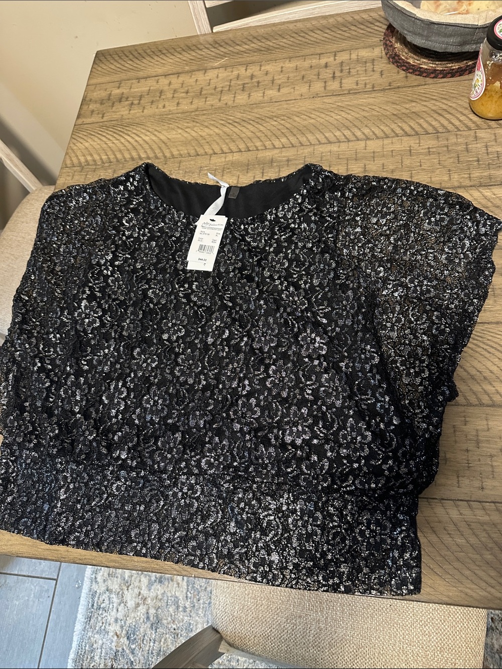 Black Sequin Lace Overlay Women's Top